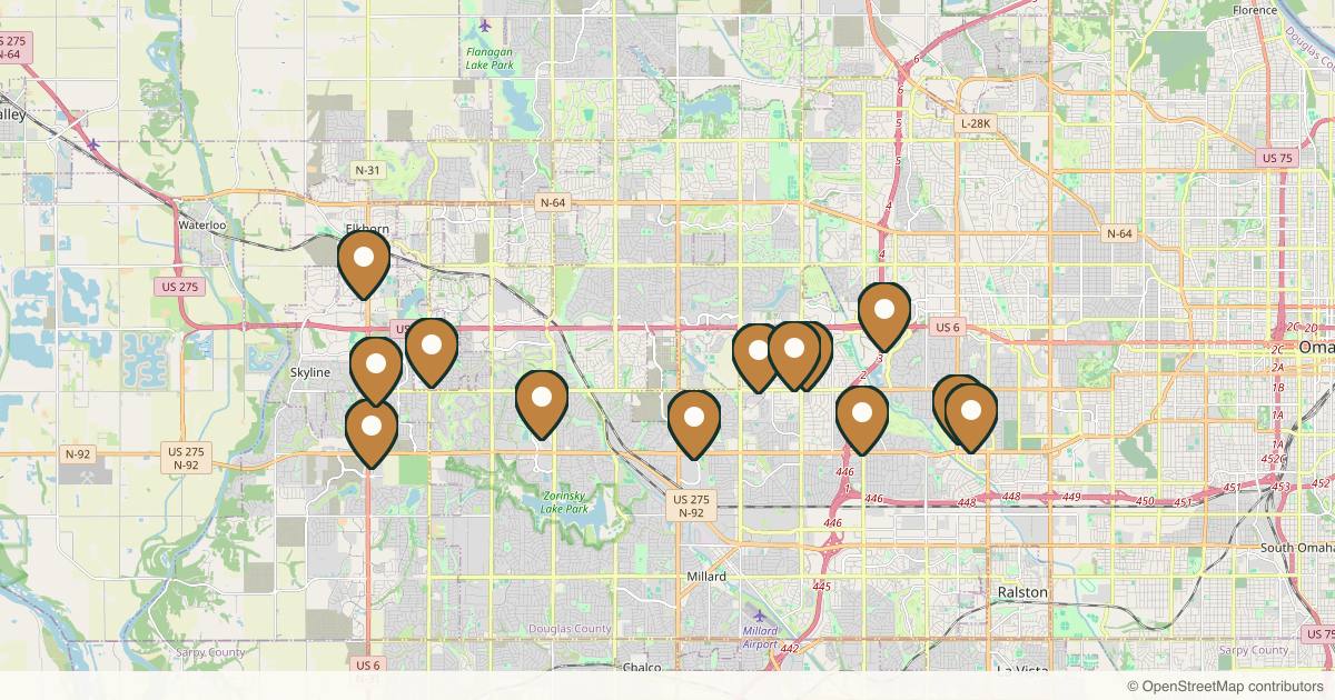 Map of 14 med spas and aesthetic clinics in Omaha, Nebraska