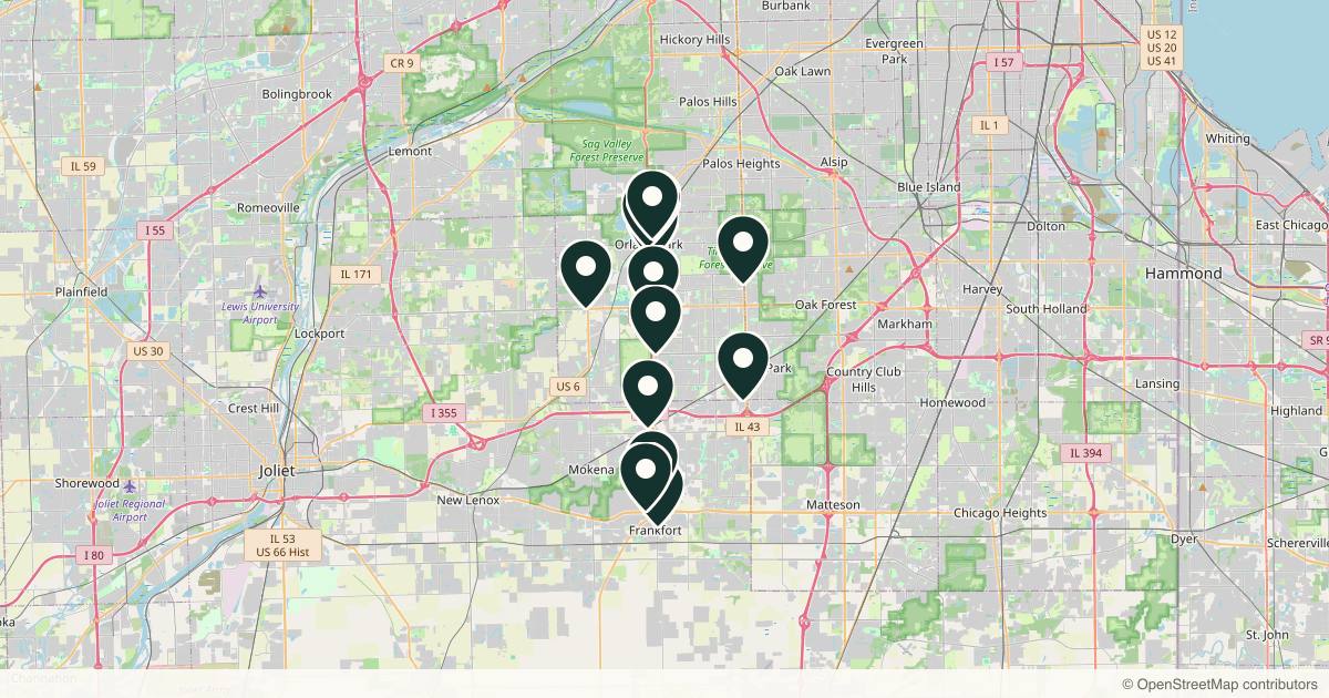 Map of 13 med spas and aesthetic clinics in Orland Park, Illinois