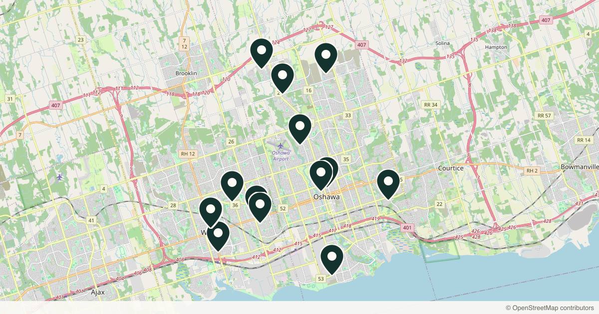 Map of 14 med spas and aesthetic clinics in Oshawa, Ontario