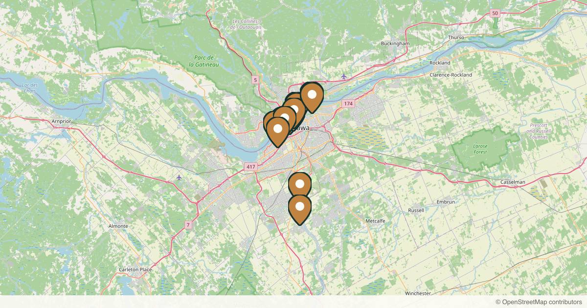 Map of 14 med spas and aesthetic clinics in Ottawa, Ontario