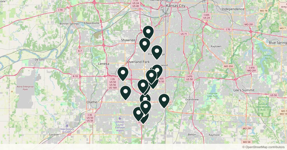 Map of 18 med spas and aesthetic clinics in Overland Park, Kansas