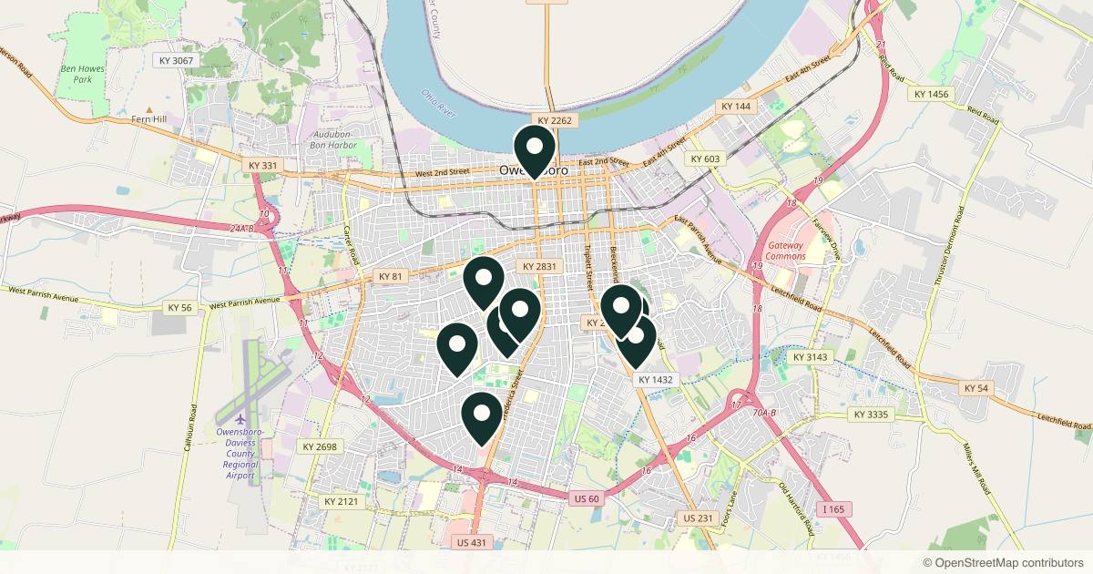 Map of 9 med spas and aesthetic clinics in Owensboro, Kentucky