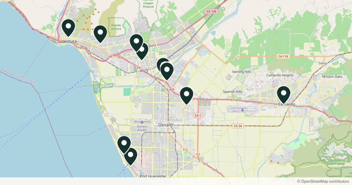 Map of 14 med spas and aesthetic clinics in Oxnard, California