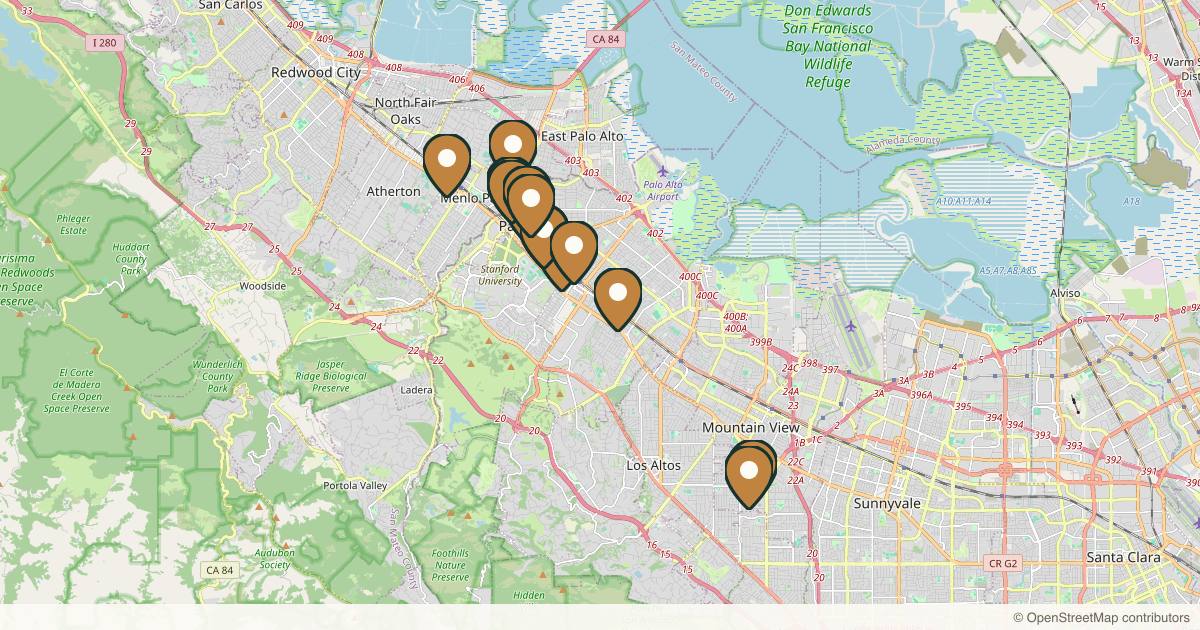 Map of 14 med spas and aesthetic clinics in Palo Alto, California