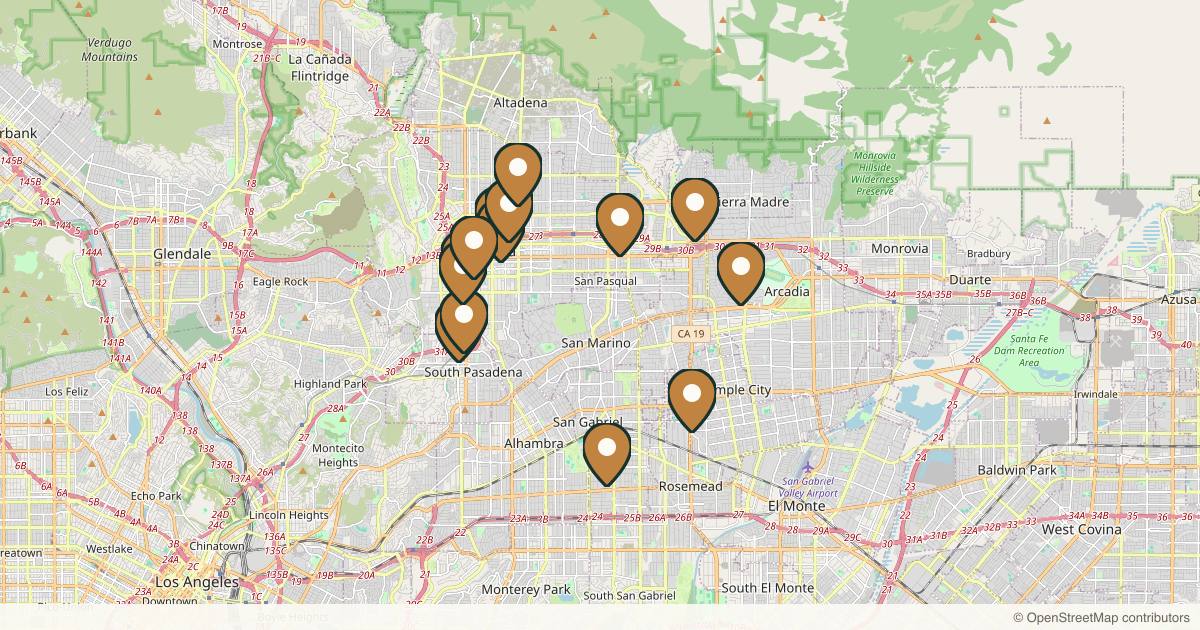 Map of 14 med spas and aesthetic clinics in Pasadena, California