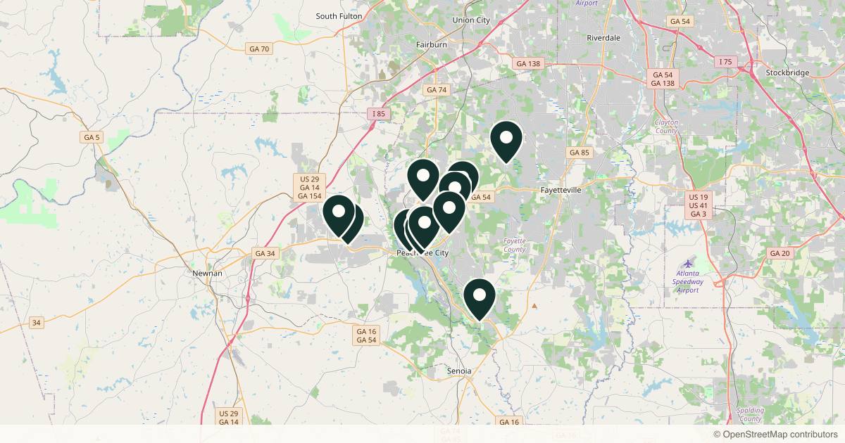 Map of 12 med spas and aesthetic clinics in Peachtree City, Georgia