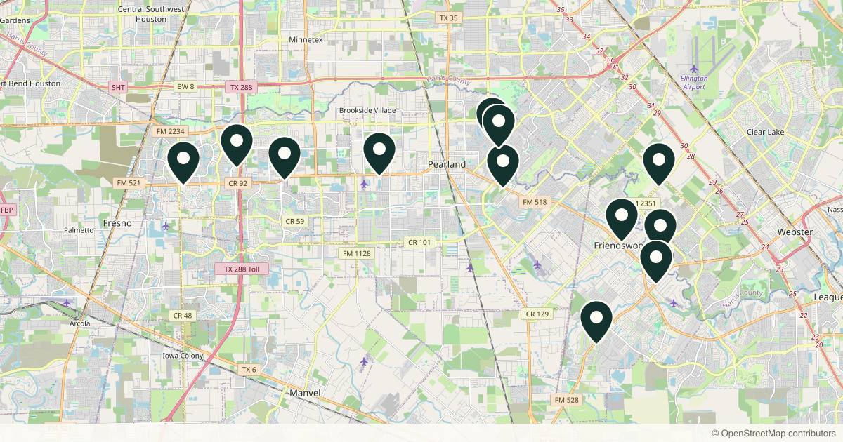 Map of 14 med spas and aesthetic clinics in Pearland, Texas