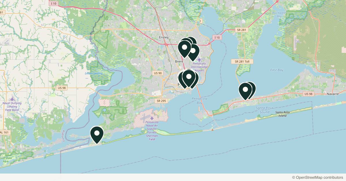 Map of 14 med spas and aesthetic clinics in Pensacola, Florida