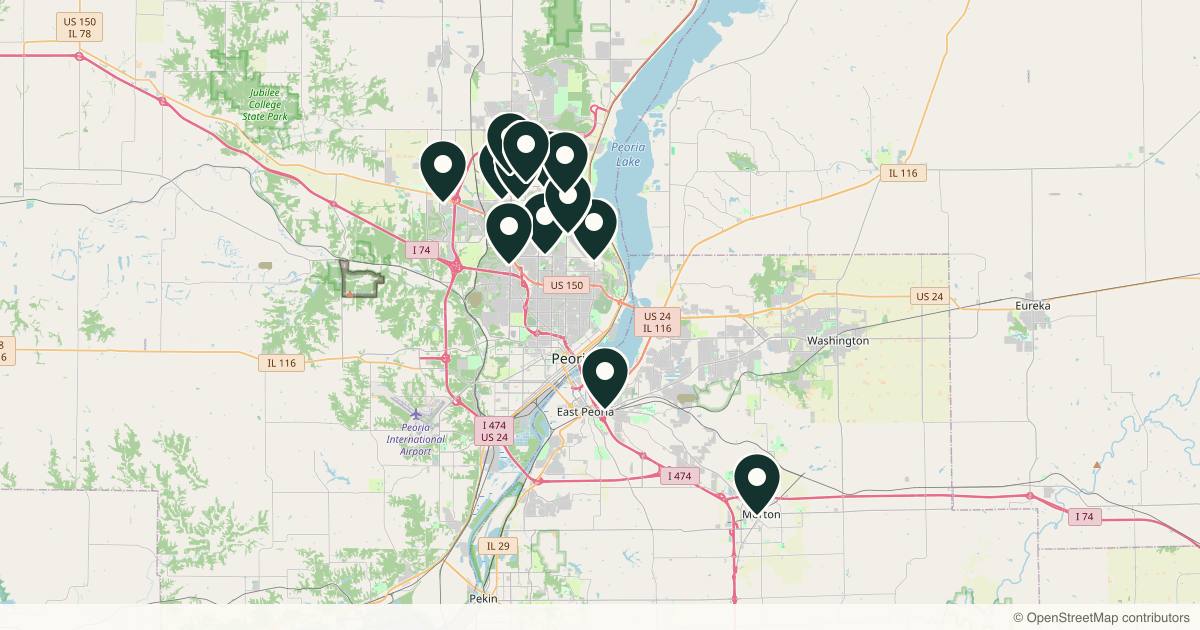 Map of 14 med spas and aesthetic clinics in Peoria, Illinois