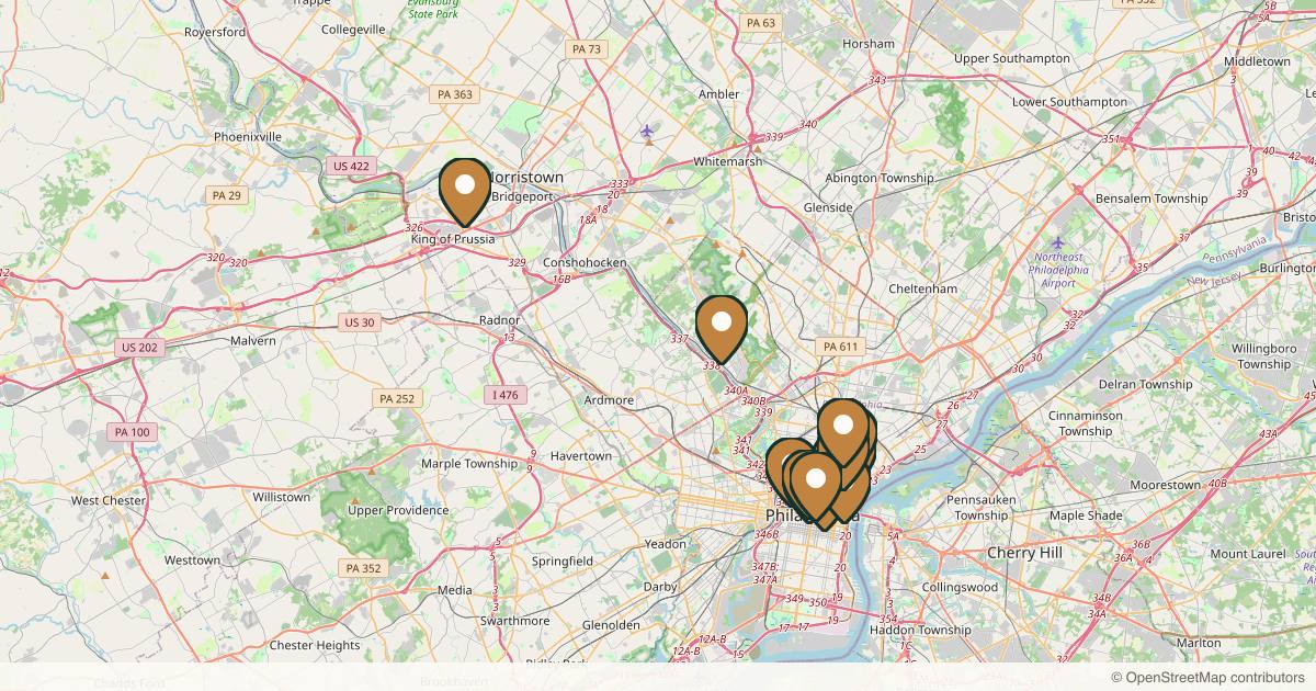 Map of med spas and aesthetic clinics in Philadelphia, Pennsylvania