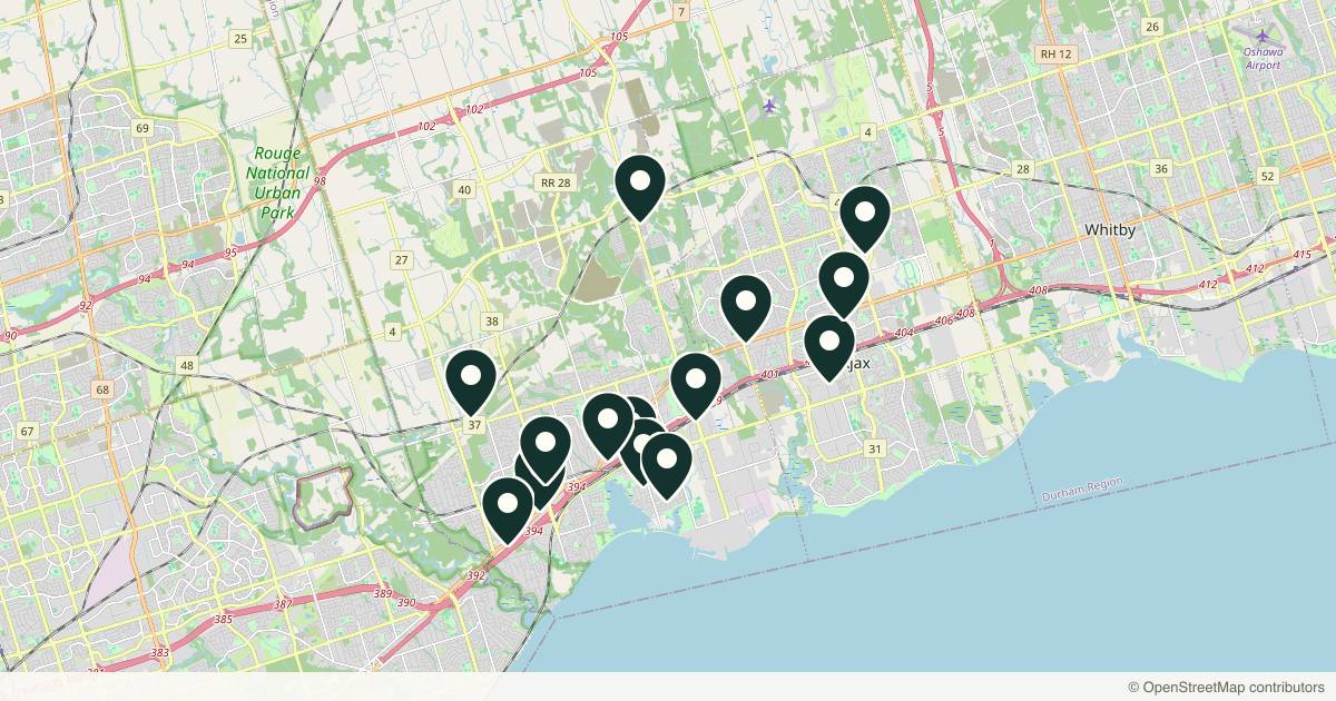 Map of 14 med spas and aesthetic clinics in Pickering, Ontario