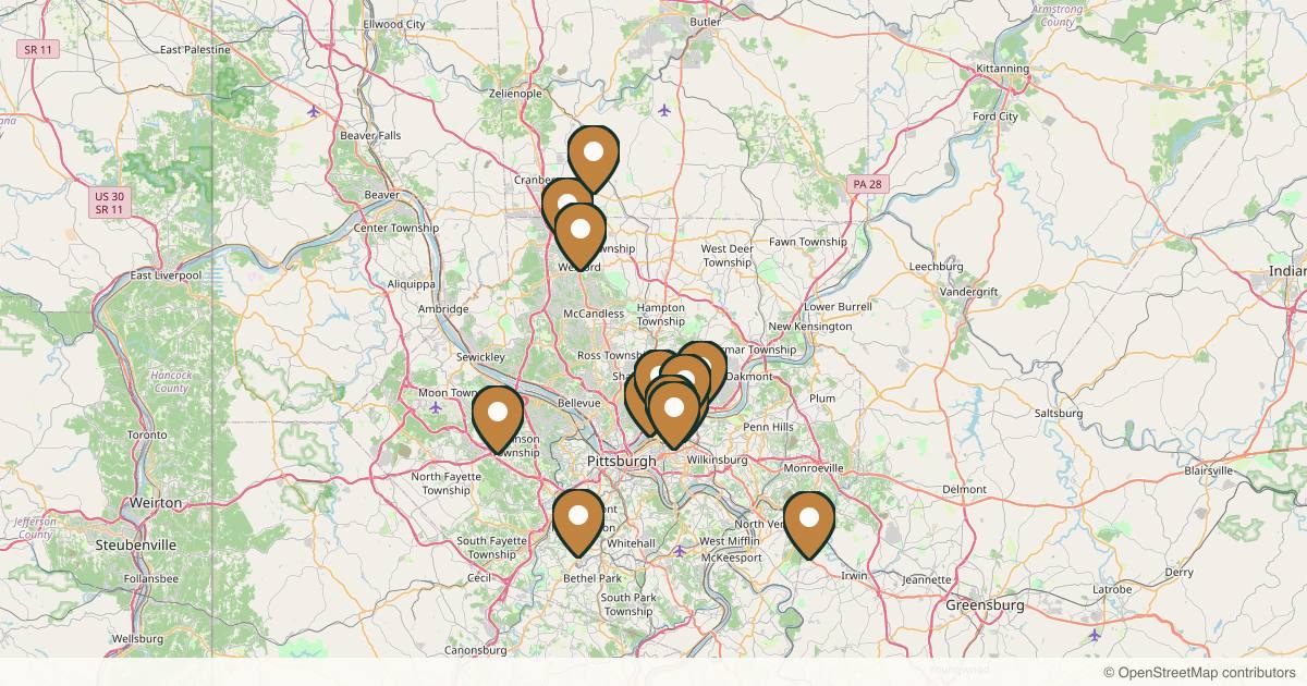 Map of 13 med spas and aesthetic clinics in Pittsburgh, Pennsylvania