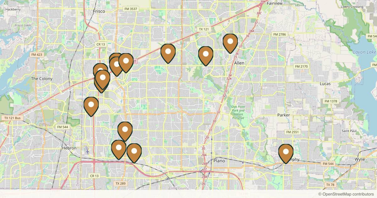 Map of 14 med spas and aesthetic clinics in Plano, Texas