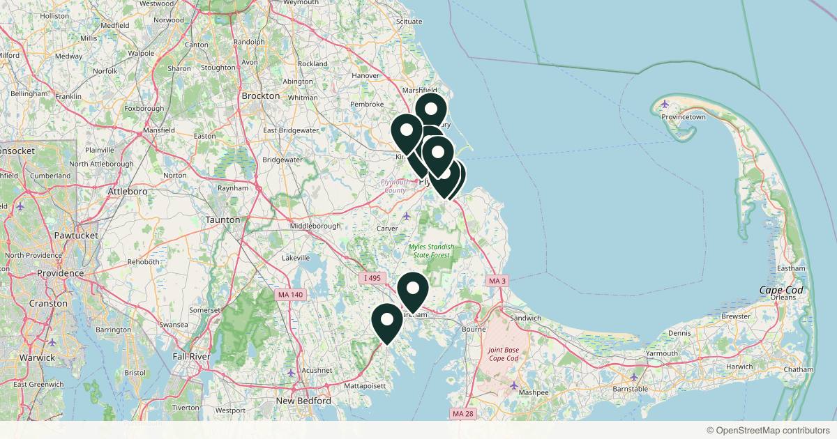 Map of 9 med spas and aesthetic clinics in Plymouth, Massachusetts