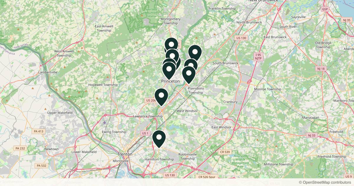 Map of 14 med spas and aesthetic clinics in Princeton, New Jersey