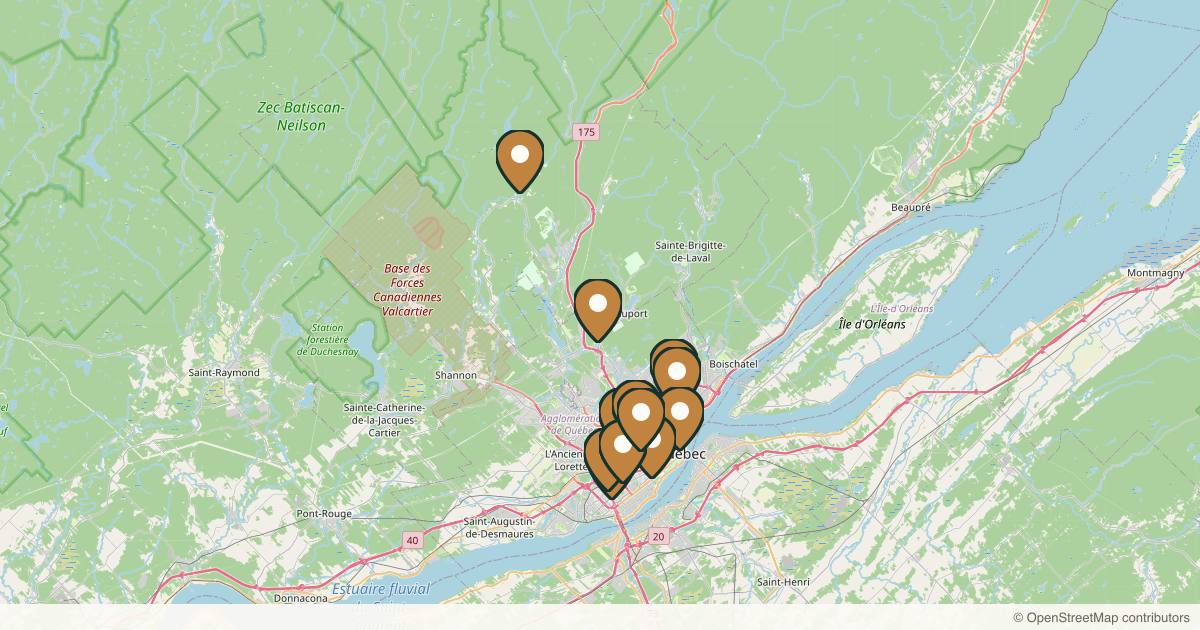 Map of 14 med spas and aesthetic clinics in Quebec City, Quebec