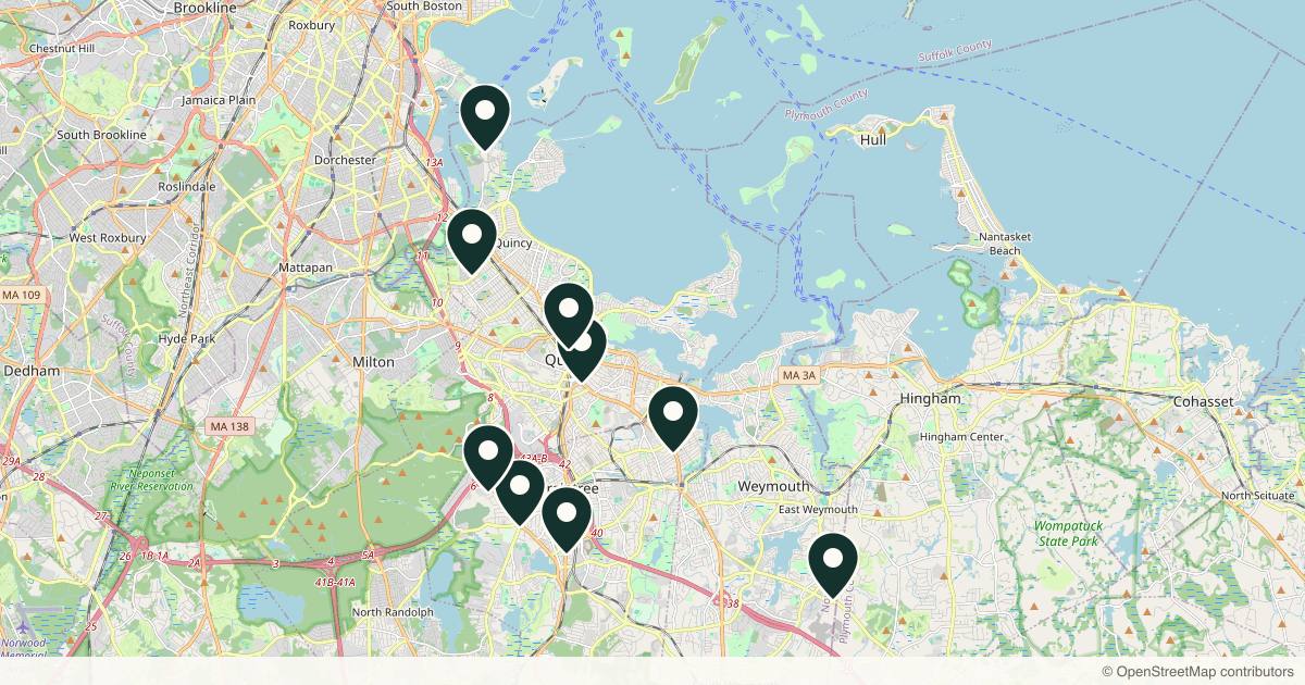 Map of 9 med spas and aesthetic clinics in Quincy, Massachusetts