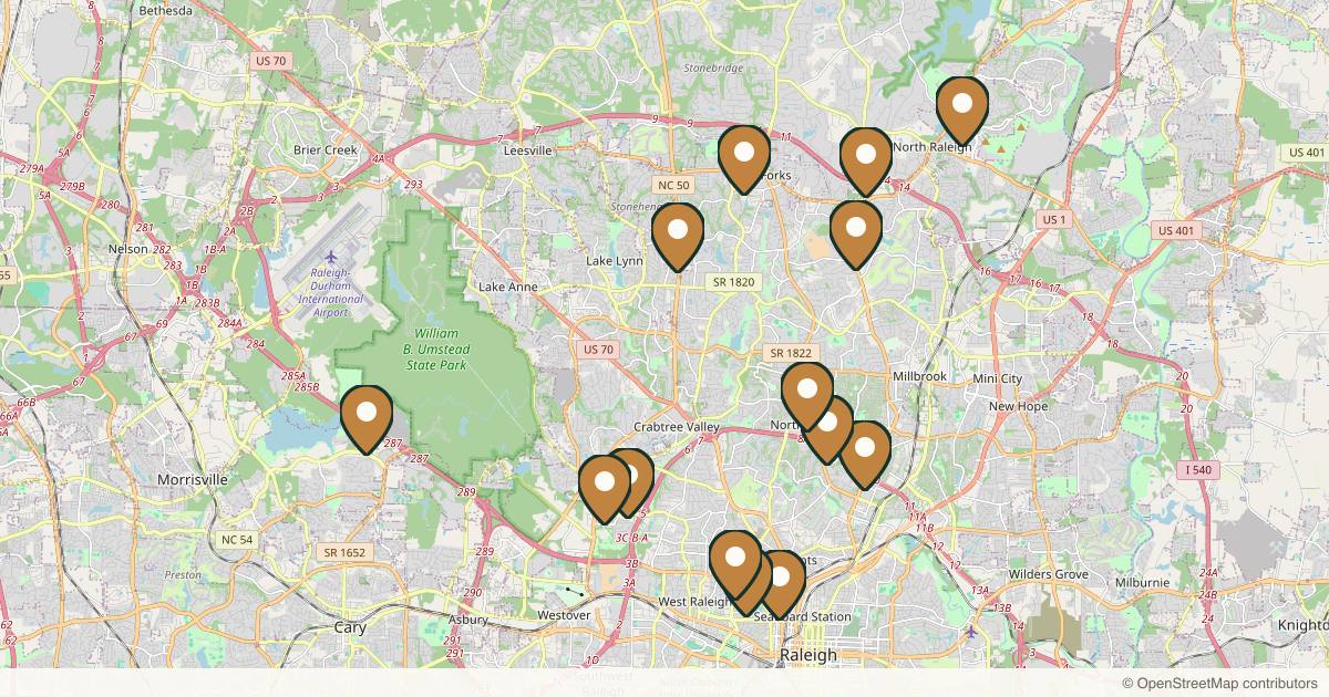 Map of 14 med spas and aesthetic clinics in Raleigh, North Carolina