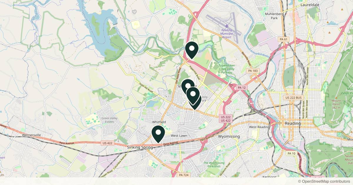 Map of 8 med spas and aesthetic clinics in Reading, Pennsylvania