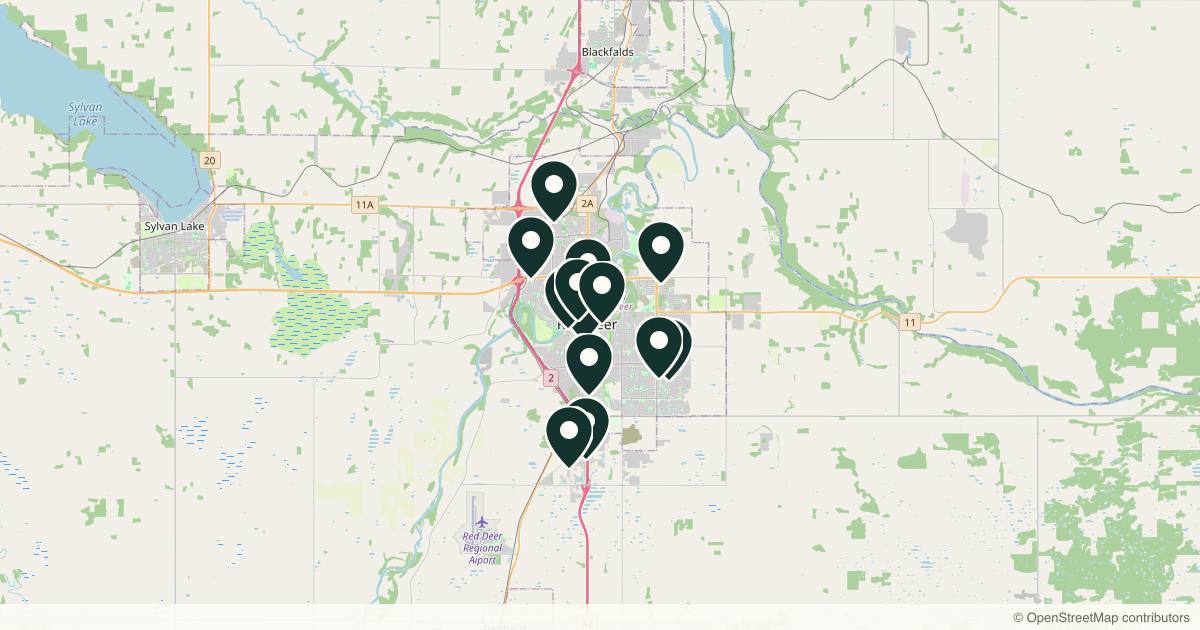 Map of 13 med spas and aesthetic clinics in Red Deer, Alberta