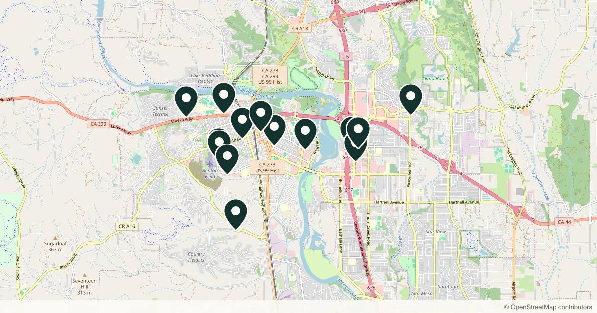 Map of 14 med spas and aesthetic clinics in Redding, California