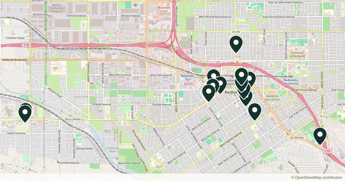 Map of 14 med spas and aesthetic clinics in Redlands, California