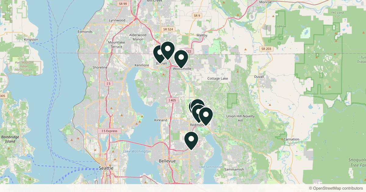 Map of 9 med spas and aesthetic clinics in Redmond, Washington