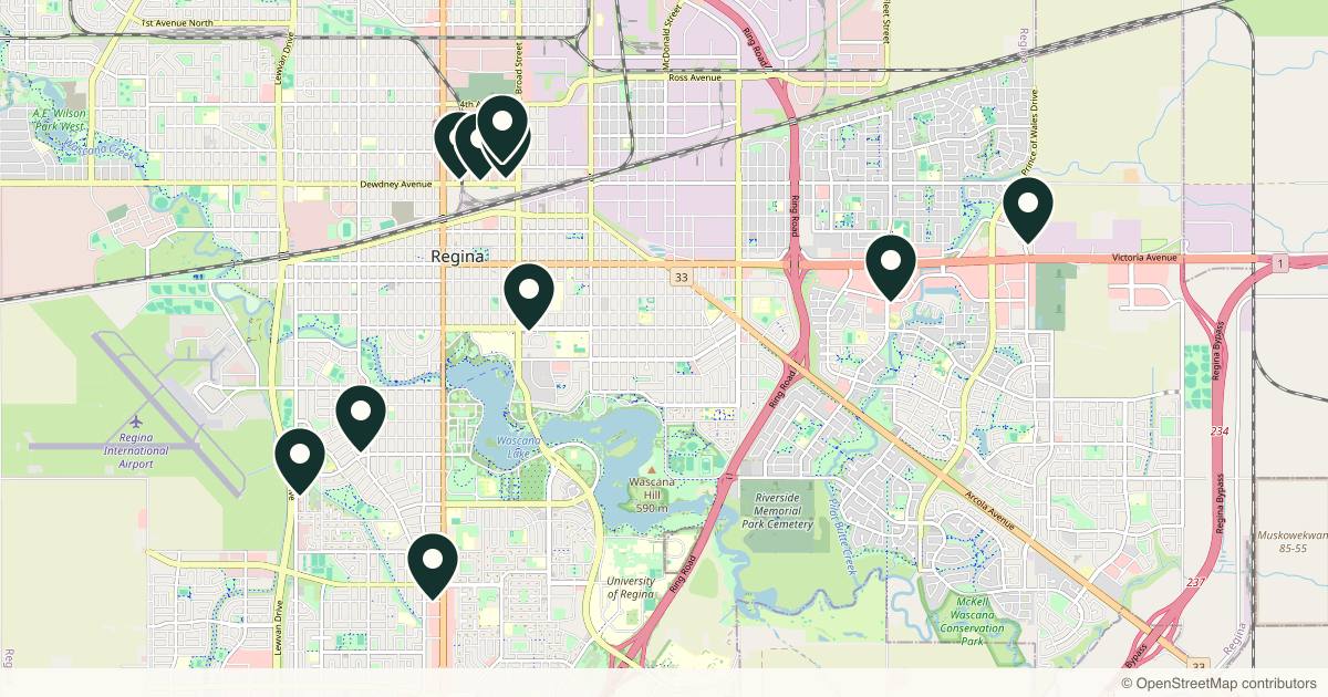 Map of 10 med spas and aesthetic clinics in Regina, Saskatchewan