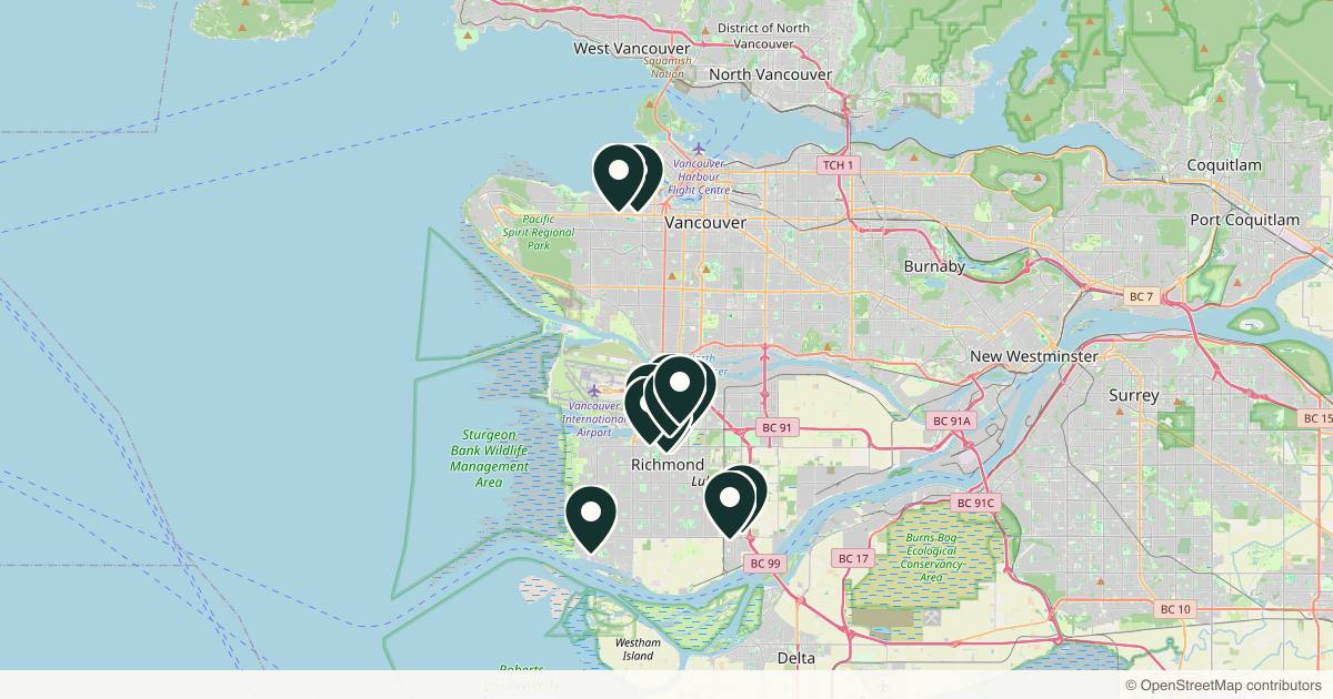Map of 14 med spas and aesthetic clinics in Richmond, British Columbia