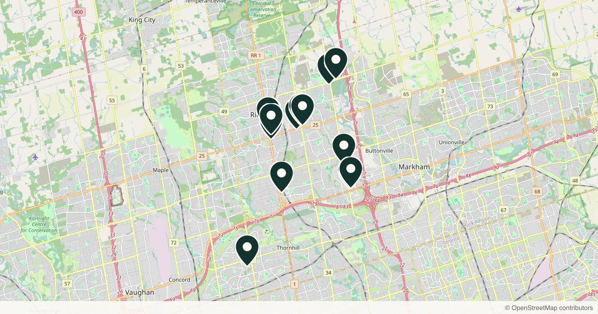 Map of 14 med spas and aesthetic clinics in Richmond Hill, Ontario