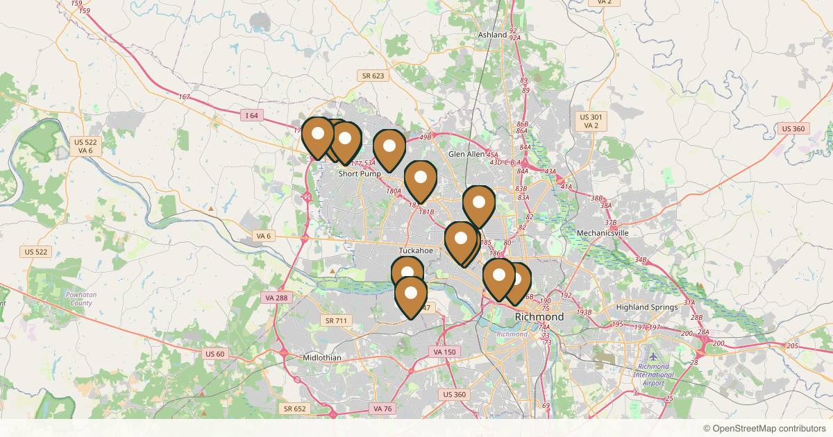 Map of 14 med spas and aesthetic clinics in Richmond, Virginia