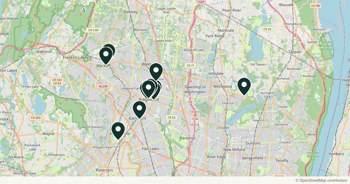 Map of 12 med spas and aesthetic clinics in Ridgewood, New Jersey