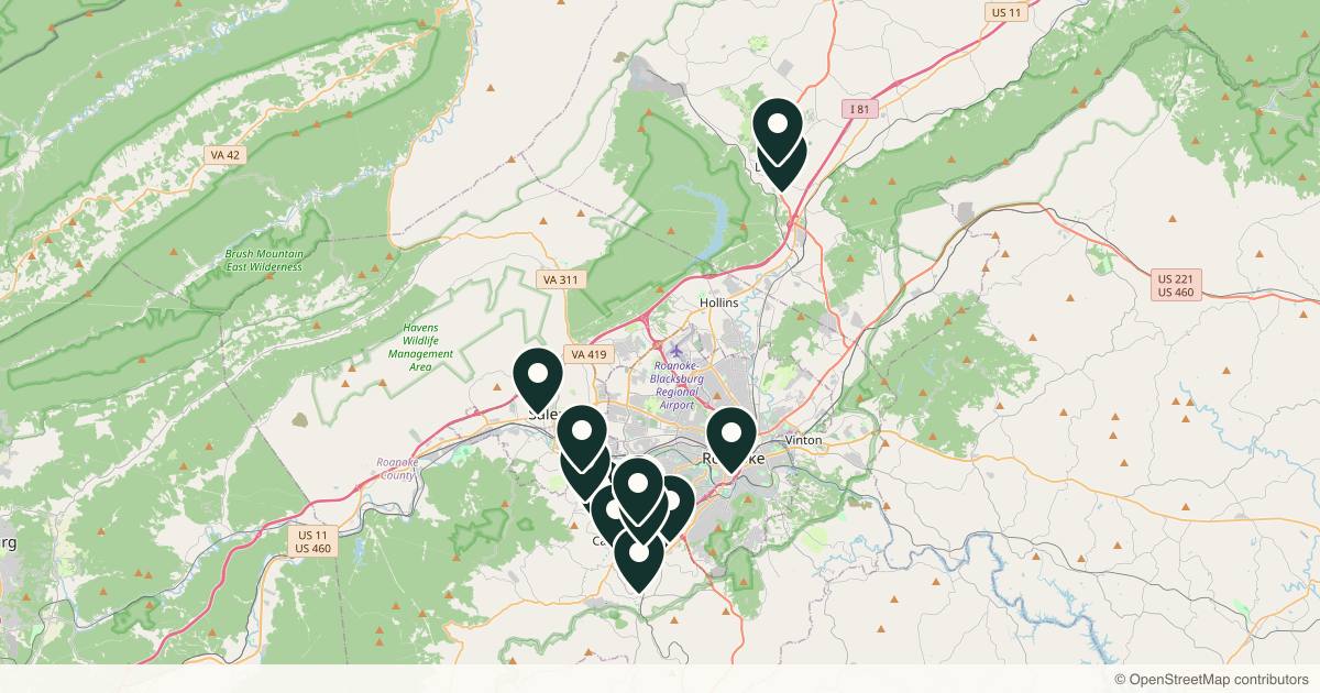 Map of 14 med spas and aesthetic clinics in Roanoke, Virginia