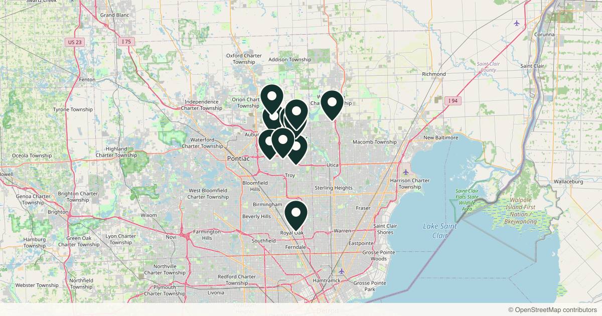 Map of 12 med spas and aesthetic clinics in Rochester, Michigan
