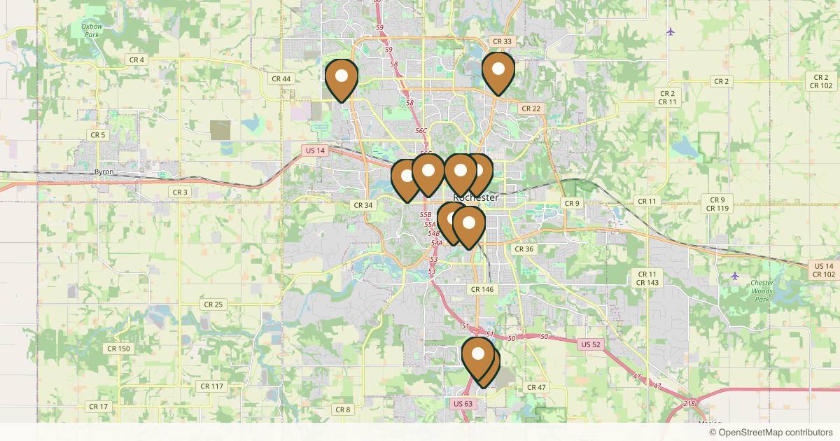 Map of 11 med spas and aesthetic clinics in Rochester, Minnesota