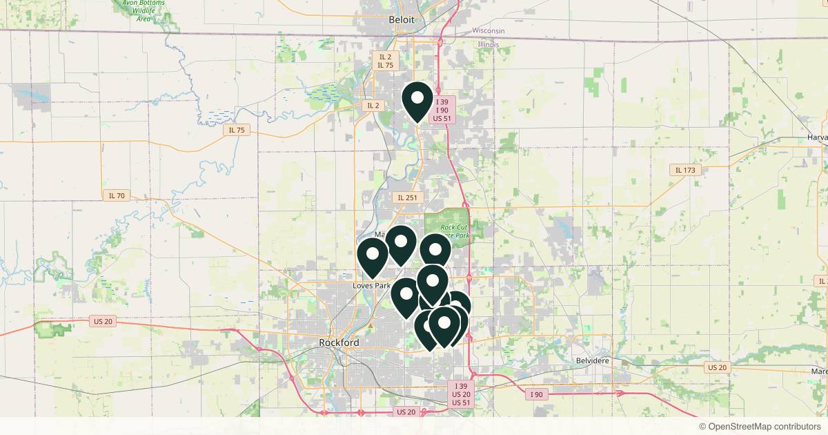 Map of 13 med spas and aesthetic clinics in Rockford, Illinois