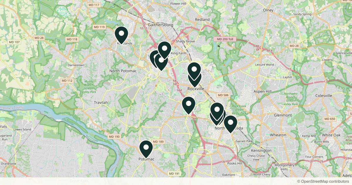 Map of 14 med spas and aesthetic clinics in Rockville, Maryland
