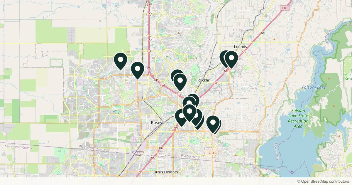 Map of 14 med spas and aesthetic clinics in Roseville, California