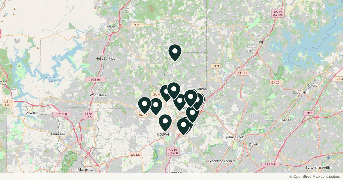 Map of 14 med spas and aesthetic clinics in Roswell, Georgia