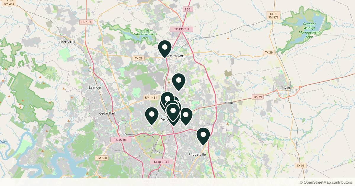 Map of 14 med spas and aesthetic clinics in Round Rock, Texas