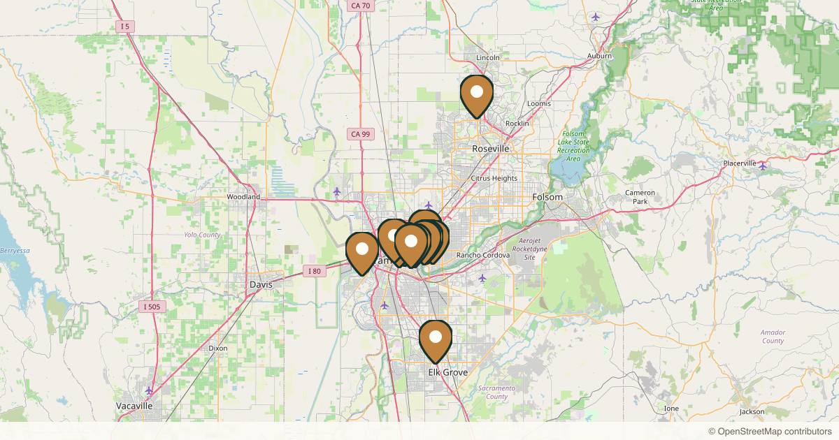 Map of 13 med spas and aesthetic clinics in Sacramento, California
