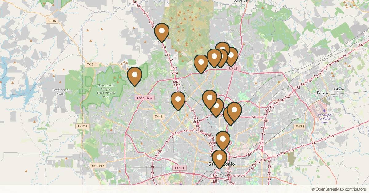 Map of 14 med spas and aesthetic clinics in San Antonio, Texas