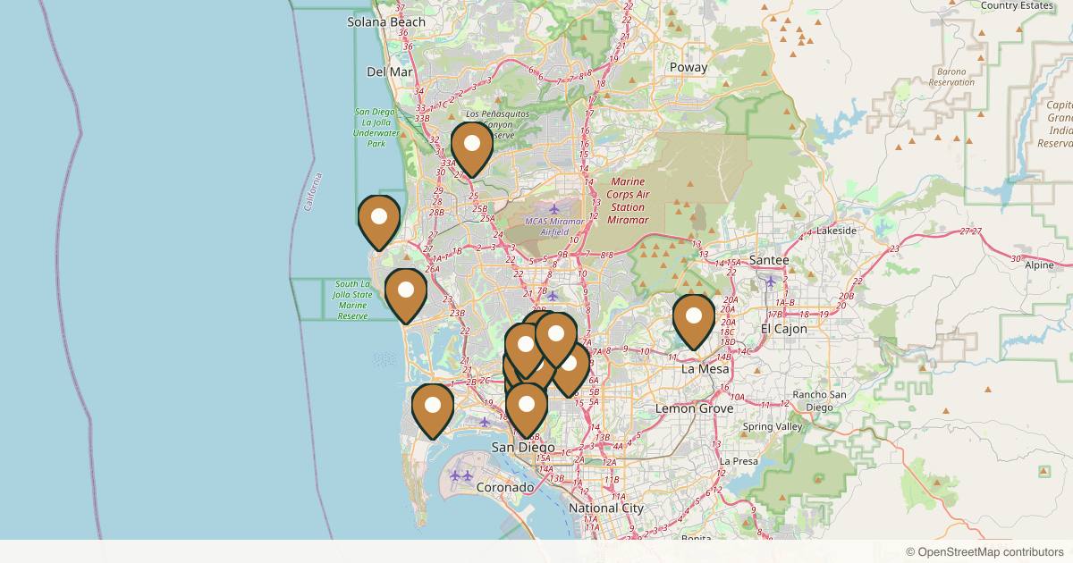 Map of med spas and aesthetic clinics in San Diego, California