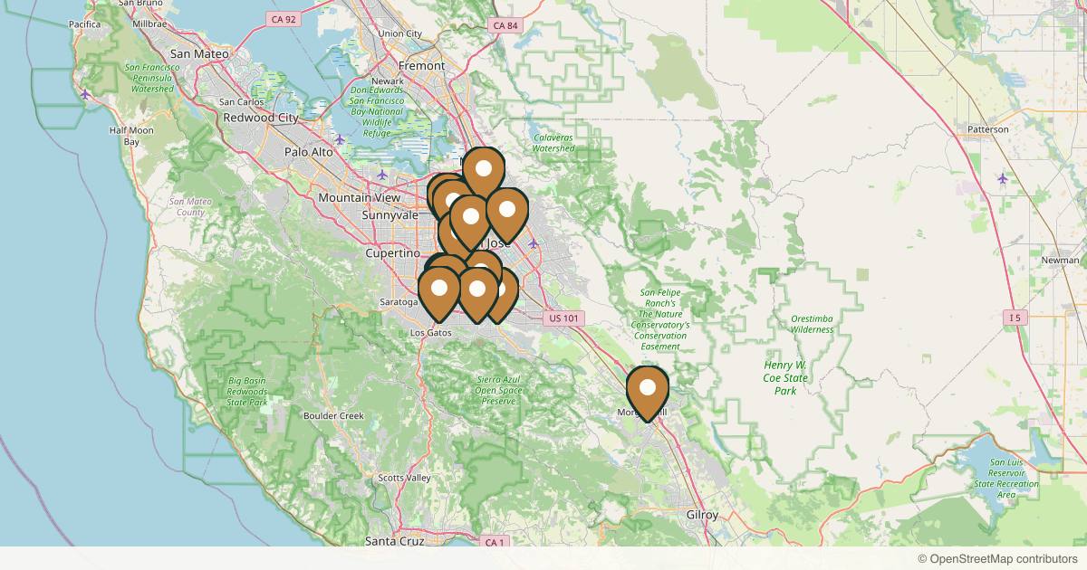 Map of 14 med spas and aesthetic clinics in San Jose, California