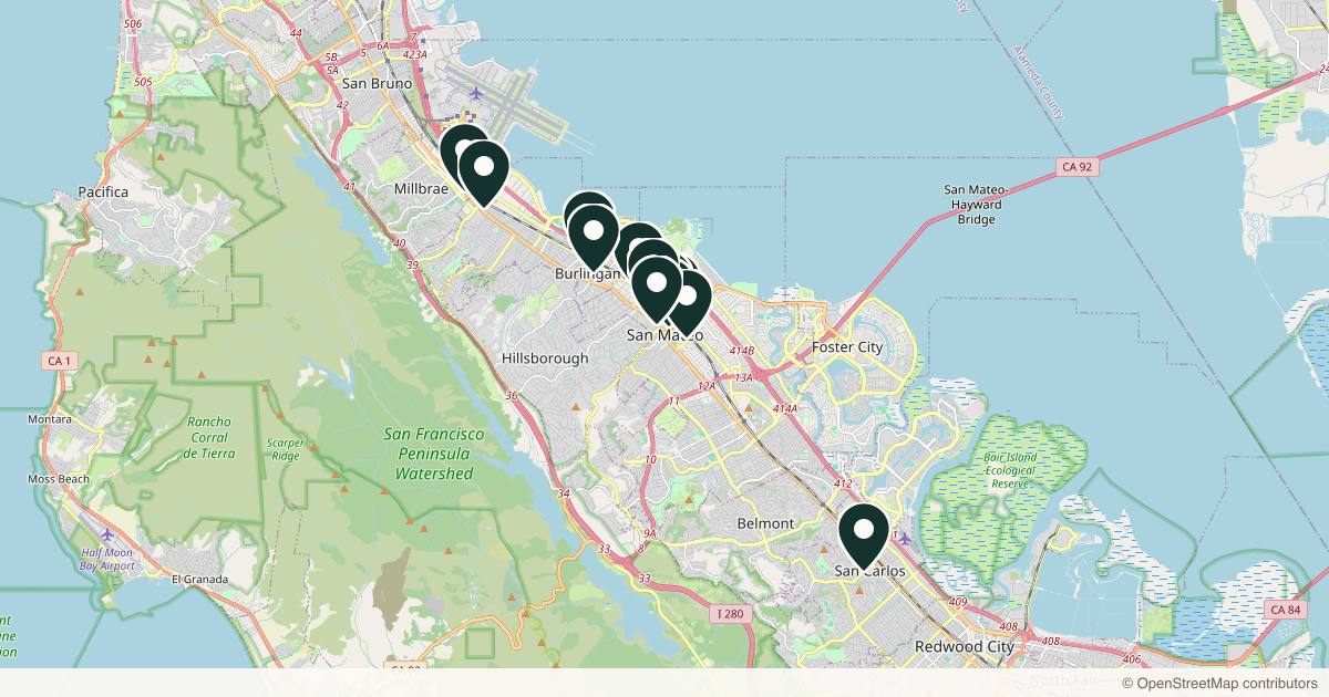 Map of 14 med spas and aesthetic clinics in San Mateo, California