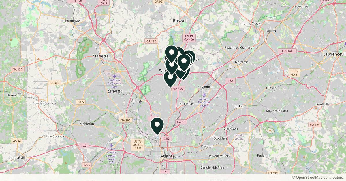 Map of 14 med spas and aesthetic clinics in Sandy Springs, Georgia