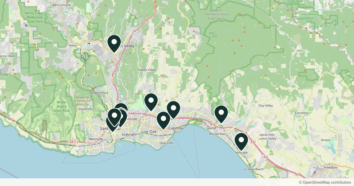 Map of 14 med spas and aesthetic clinics in Santa Cruz, California