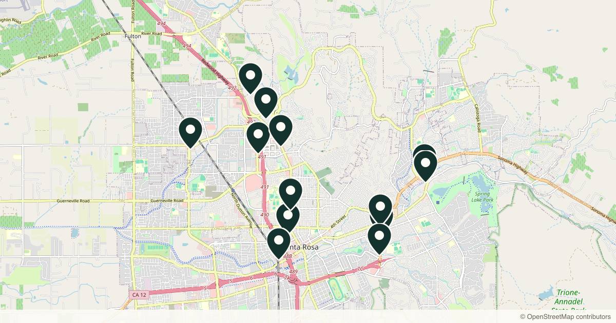Map of 14 med spas and aesthetic clinics in Santa Rosa, California