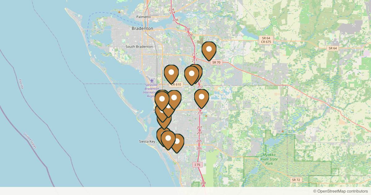Map of 14 med spas and aesthetic clinics in Sarasota, Florida