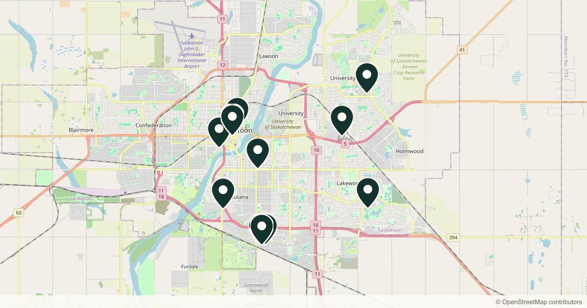 Map of 12 med spas and aesthetic clinics in Saskatoon, Saskatchewan